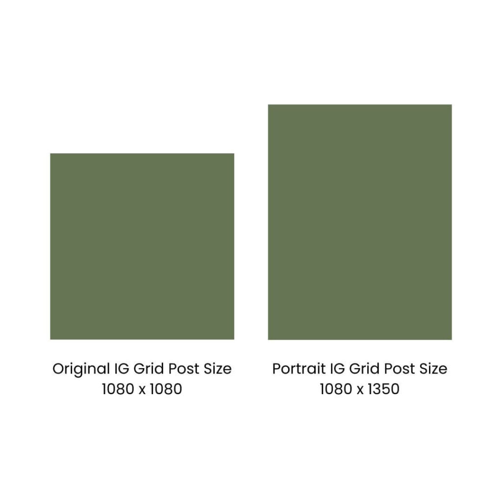 Two green boxes next to each other that show the original Instagram grid post size (a square) and the portrait Instagram grid post size (a rectangle)